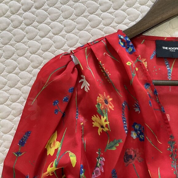 NWOT The Kooples Pleated Red Floral Cropped Top Blouse Size 1 Long Sleeve - Picture 6 of 12